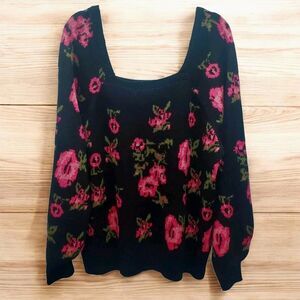 Cato Knit Sweater Womens Plus 22/24W Square Neck Black Pink Floral Long Sleeve